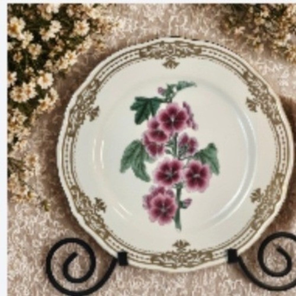 Vintage Botanical Porcelain Plate Pink Mallow Floral Gold Filigree Scalloped Rim
